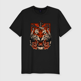 Мужская футболка хлопок Slim с принтом Red Tiger в Екатеринбурге, 92% хлопок, 8% лайкра | приталенный силуэт, круглый вырез ворота, длина до линии бедра, короткий рукав | 2022 | animal | cat | lion | tiger | год тигра | животные | зверь | зубы | кот | кошка | лев | охотник | полосатый | природа | тигр | тигренок | тигрица | хищник