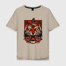 Мужская футболка хлопок Oversize с принтом Red Tiger в Екатеринбурге, 100% хлопок | свободный крой, круглый ворот, “спинка” длиннее передней части | 2022 | animal | cat | lion | tiger | год тигра | животные | зверь | зубы | кот | кошка | лев | охотник | полосатый | природа | тигр | тигренок | тигрица | хищник
