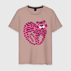 Мужская футболка хлопок с принтом Pink Tiger в Курске, 100% хлопок | прямой крой, круглый вырез горловины, длина до линии бедер, слегка спущенное плечо. | 2022 | animal | cat | lion | tiger | год тигра | животные | зверь | зубы | кот | кошка | лев | охотник | полосатый | природа | тигр | тигренок | тигрица | хищник