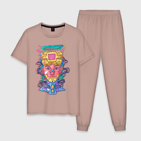 Мужская пижама хлопок с принтом Кибер панк , 100% хлопок | брюки и футболка прямого кроя, без карманов, на брюках мягкая резинка на поясе и по низу штанин
 | девушка | лицо | робот | технологии | человек