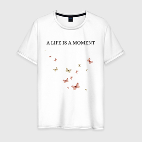 Мужская футболка хлопок с принтом Бабочки  в Тюмени, 100% хлопок | прямой крой, круглый вырез горловины, длина до линии бедер, слегка спущенное плечо. | butterflies | live | moment | бабочки | жизнь | момент