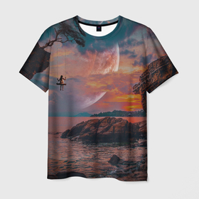 Мужская футболка 3D с принтом закат на качелях в Санкт-Петербурге, 100% полиэфир | прямой крой, круглый вырез горловины, длина до линии бедер | берег | закат | звезды | море | планета