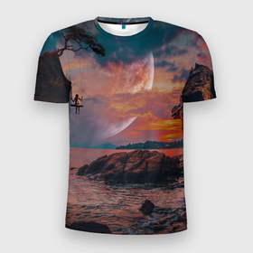 Мужская футболка 3D спортивная с принтом закат на качелях в Петрозаводске, 100% полиэстер с улучшенными характеристиками | приталенный силуэт, круглая горловина, широкие плечи, сужается к линии бедра | берег | закат | звезды | море | планета