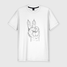 Мужская футболка хлопок Slim с принтом ЛАПА | МИР (Z) , 92% хлопок, 8% лайкра | приталенный силуэт, круглый вырез ворота, длина до линии бедра, короткий рукав | anarchy | hippies | peace | анархизм | анархия | два пальца | лапа | лапа зверя | любовь | мир | мир животным | хиппи