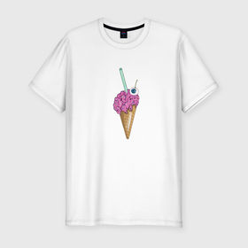 Мужская футболка хлопок Slim с принтом Brain Lovers в Санкт-Петербурге, 92% хлопок, 8% лайкра | приталенный силуэт, круглый вырез ворота, длина до линии бедра, короткий рукав | вафля | глаз | глаза | десерт | крэнг | мозг | мозги | мороженое | рожок | сладкое | сладость