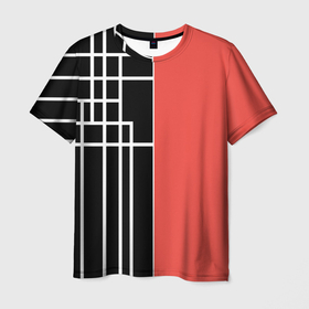 Мужская футболка 3D с принтом Черный и коралловый арт деко в Петрозаводске, 100% полиэфир | прямой крой, круглый вырез горловины, длина до линии бедер | Тематика изображения на принте: абстрактный | арт | арт деко | белые полосы | геометрический | модный | молодежный | полосы | современный | черный и коралловый