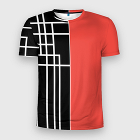 Мужская футболка 3D спортивная с принтом Черный и коралловый арт деко в Тюмени, 100% полиэстер с улучшенными характеристиками | приталенный силуэт, круглая горловина, широкие плечи, сужается к линии бедра | абстрактный | арт | арт деко | белые полосы | геометрический | модный | молодежный | полосы | современный | черный и коралловый