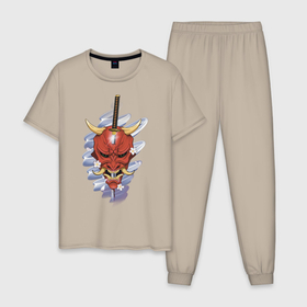 Мужская пижама хлопок с принтом Маска в Новосибирске, 100% хлопок | брюки и футболка прямого кроя, без карманов, на брюках мягкая резинка на поясе и по низу штанин
 | Тематика изображения на принте: демон | катана | маска | сакура | хання | япония | японская маска | японский демон