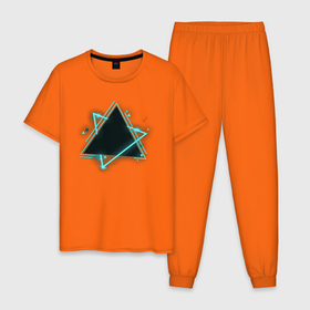 Мужская пижама хлопок с принтом Треугольник неон в Санкт-Петербурге, 100% хлопок | брюки и футболка прямого кроя, без карманов, на брюках мягкая резинка на поясе и по низу штанин
 | triangle | геометрия | капли | неон | пересечение | треугольник