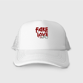 Кепка тракер с сеткой с принтом Fake Love в городе Новоалтайск, трикотажное полотно; задняя часть — сетка | длинный козырек, универсальный размер, пластиковая застежка | fake | иллюстрация | любовь | наигранная любовь | роза | цветок