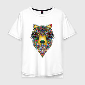 Мужская футболка хлопок Oversize с принтом Разноцветная голова волка в Санкт-Петербурге, 100% хлопок | свободный крой, круглый ворот, “спинка” длиннее передней части | волк | голова | животные | злой | разноцветный | хищник