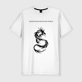 Мужская футболка хлопок Slim с принтом Дракон  в Петрозаводске, 92% хлопок, 8% лайкра | приталенный силуэт, круглый вырез ворота, длина до линии бедра, короткий рукав | dragon | imagination | rule | world | дракон