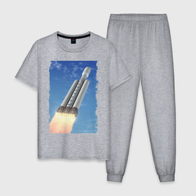 Мужская пижама хлопок с принтом Cтарт ракеты Space X в Тюмени, 100% хлопок | брюки и футболка прямого кроя, без карманов, на брюках мягкая резинка на поясе и по низу штанин
 | Тематика изображения на принте: cloud | cosmos | flight | revolution | sky | space x | космос | небо | облака | революция