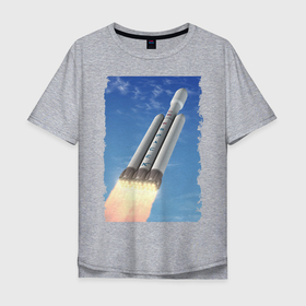 Мужская футболка хлопок Oversize с принтом Cтарт ракеты Space X в Петрозаводске, 100% хлопок | свободный крой, круглый ворот, “спинка” длиннее передней части | cloud | cosmos | flight | revolution | sky | space x | космос | небо | облака | революция