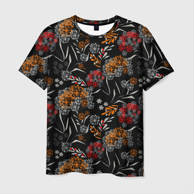 Мужская футболка 3D с принтом Цветочный модный узор  в Курске, 100% полиэфир | прямой крой, круглый вырез горловины, длина до линии бедер | красный и желтый | листья | осенние листья | осенний | темный | укроп | цветочный узор | цветы | черный