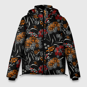Мужская зимняя куртка 3D с принтом Цветочный модный узор в Новосибирске, верх — 100% полиэстер; подкладка — 100% полиэстер; утеплитель — 100% полиэстер | длина ниже бедра, свободный силуэт Оверсайз. Есть воротник-стойка, отстегивающийся капюшон и ветрозащитная планка. 

Боковые карманы с листочкой на кнопках и внутренний карман на молнии. | красный и желтый | листья | осенние листья | осенний | темный | укроп | цветочный узор | цветы | черный