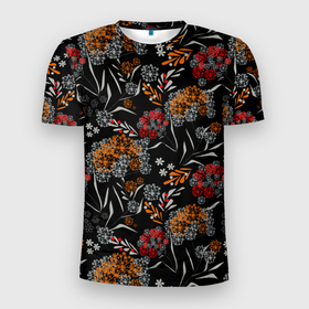 Мужская футболка 3D спортивная с принтом Цветочный модный узор  в Белгороде, 100% полиэстер с улучшенными характеристиками | приталенный силуэт, круглая горловина, широкие плечи, сужается к линии бедра | красный и желтый | листья | осенние листья | осенний | темный | укроп | цветочный узор | цветы | черный