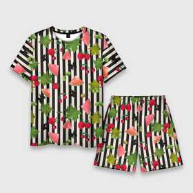 Мужской костюм с шортами 3D с принтом Ягодно арбузный микс в Курске,  |  | акварель | арбузы | бабочки | вишня | клубника | полосатый | фрукты | черно белые полосы | черные полосы | ягоды