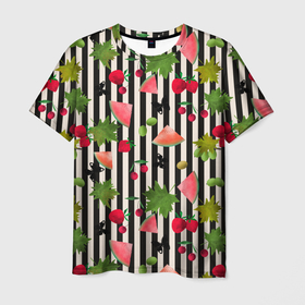Мужская футболка 3D с принтом Ягодно-арбузный микс  в Тюмени, 100% полиэфир | прямой крой, круглый вырез горловины, длина до линии бедер | акварель | арбузы | бабочки | вишня | клубника | полосатый | фрукты | черно белые полосы | черные полосы | ягоды