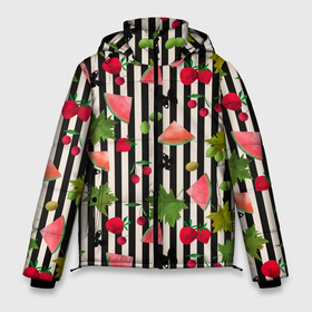 Мужская зимняя куртка 3D с принтом Ягодно арбузный микс в Екатеринбурге, верх — 100% полиэстер; подкладка — 100% полиэстер; утеплитель — 100% полиэстер | длина ниже бедра, свободный силуэт Оверсайз. Есть воротник-стойка, отстегивающийся капюшон и ветрозащитная планка. 

Боковые карманы с листочкой на кнопках и внутренний карман на молнии. | акварель | арбузы | бабочки | вишня | клубника | полосатый | фрукты | черно белые полосы | черные полосы | ягоды