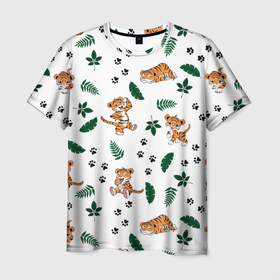 Мужская футболка 3D с принтом Милый тигр в Екатеринбурге, 100% полиэфир | прямой крой, круглый вырез горловины, длина до линии бедер | 2022 | год тигра | листья | милый тигр | новый год | паттерн | принт | саванна | следы | тигренок | фон | хищник