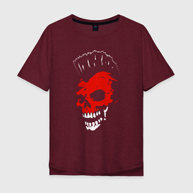 Мужская футболка хлопок Oversize с принтом Веселый роджер в Петрозаводске, 100% хлопок | свободный крой, круглый ворот, “спинка” длиннее передней части | Тематика изображения на принте: ирокез | красный | скелет | страшный | челюсть | череп