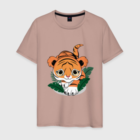 Мужская футболка хлопок с принтом Тигр охотник в Петрозаводске, 100% хлопок | прямой крой, круглый вырез горловины, длина до линии бедер, слегка спущенное плечо. | Тематика изображения на принте: котенок | крадется | листья | милый | охотится | подкрадывается | ползет | тигр | тигренок