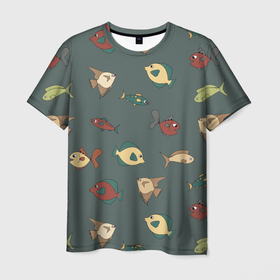 Мужская футболка 3D с принтом Морские рыбки на зеленом фоне , 100% полиэфир | прямой крой, круглый вырез горловины, длина до линии бедер | fish | summer | tdsmr | весна | зеленый | лето | море | праздник | принт | природа | рыбы