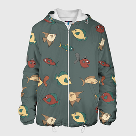 Мужская куртка 3D с принтом Морские рыбки на зеленом фоне в Новосибирске, ткань верха — 100% полиэстер, подклад — флис | прямой крой, подол и капюшон оформлены резинкой с фиксаторами, два кармана без застежек по бокам, один большой потайной карман на груди. Карман на груди застегивается на липучку | fish | summer | tdsmr | весна | зеленый | лето | море | праздник | принт | природа | рыбы