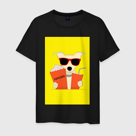 Мужская футболка хлопок с принтом Пес кинофил в Новосибирске, 100% хлопок | прямой крой, круглый вырез горловины, длина до линии бедер, слегка спущенное плечо. | Тематика изображения на принте: кино | киноман | киносеанс | кинотеатр | кинофил | пес | собака