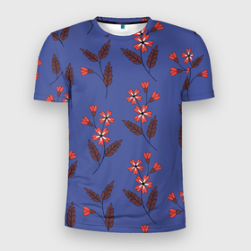 Мужская футболка 3D спортивная с принтом Цветы на синем фоне в Белгороде, 100% полиэстер с улучшенными характеристиками | приталенный силуэт, круглая горловина, широкие плечи, сужается к линии бедра | 8 марта | flowers | summer | ботаническая иллюстрация | весна | коричневый | красный | лето | листья | любовь | праздник | принт | природа | растения | синий | цветы