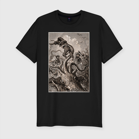 Мужская футболка хлопок Slim с принтом Кракен морское чудовище в Курске, 92% хлопок, 8% лайкра | приталенный силуэт, круглый вырез ворота, длина до линии бедра, короткий рукав | kraken | sea monster | кракен | морское чудовище | осьминог