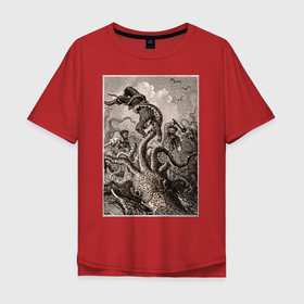 Мужская футболка хлопок Oversize с принтом Кракен морское чудовище в Курске, 100% хлопок | свободный крой, круглый ворот, “спинка” длиннее передней части | Тематика изображения на принте: kraken | sea monster | кракен | морское чудовище | осьминог