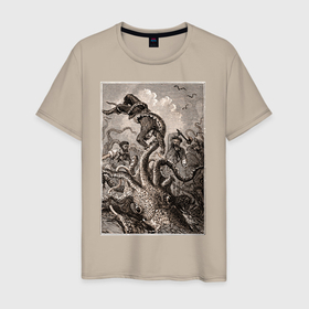 Мужская футболка хлопок с принтом Кракен морское чудовище в Екатеринбурге, 100% хлопок | прямой крой, круглый вырез горловины, длина до линии бедер, слегка спущенное плечо. | kraken | sea monster | кракен | морское чудовище | осьминог