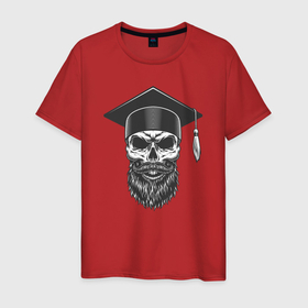 Мужская футболка хлопок с принтом Череп выпускника  в Тюмени, 100% хлопок | прямой крой, круглый вырез горловины, длина до линии бедер, слегка спущенное плечо. | scull | student | борода | выпускник | студент | череп