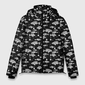 Мужская зимняя куртка 3D с принтом Узор для рыбака в Кировске, верх — 100% полиэстер; подкладка — 100% полиэстер; утеплитель — 100% полиэстер | длина ниже бедра, свободный силуэт Оверсайз. Есть воротник-стойка, отстегивающийся капюшон и ветрозащитная планка. 

Боковые карманы с листочкой на кнопках и внутренний карман на молнии. | абстрактная рыба | аквариум | вода | гороскоп | детский | мужской | пузыри | рыба | рыбалка | рыбка | черно белый