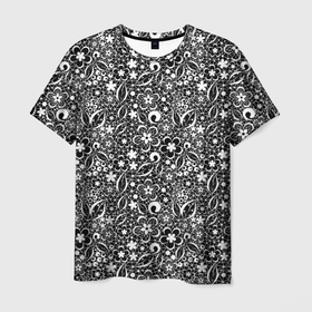Мужская футболка 3D с принтом Кружевной черно белый узор в Тюмени, 100% полиэфир | прямой крой, круглый вырез горловины, длина до линии бедер | ажурный | ажурный узор | бумажные цветы | детский | женский | завитушки | кружевной узор | цветочное кружево | цветы