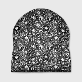 Шапка 3D с принтом Кружевной черно белый узор в Екатеринбурге, 100% полиэстер | универсальный размер, печать по всей поверхности изделия | ажурный | ажурный узор | бумажные цветы | детский | женский | завитушки | кружевной узор | цветочное кружево | цветы