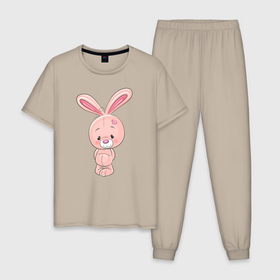 Мужская пижама хлопок с принтом розовый зайка в Петрозаводске, 100% хлопок | брюки и футболка прямого кроя, без карманов, на брюках мягкая резинка на поясе и по низу штанин
 | заяц | кролик | лапы | мягкий | персонаж | розовый | уши | хвост