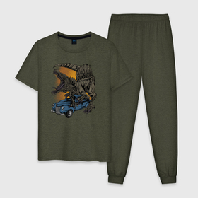 Мужская пижама хлопок с принтом Спинозавр , 100% хлопок | брюки и футболка прямого кроя, без карманов, на брюках мягкая резинка на поясе и по низу штанин
 | авто | динозавр | иллюстрация | машина | спинозавр