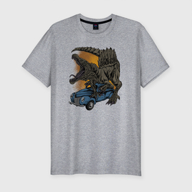 Мужская футболка хлопок Slim с принтом Спинозавр в Екатеринбурге, 92% хлопок, 8% лайкра | приталенный силуэт, круглый вырез ворота, длина до линии бедра, короткий рукав | Тематика изображения на принте: авто | динозавр | иллюстрация | машина | спинозавр