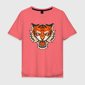 Мужская футболка хлопок Oversize с принтом Super Tiger в Кировске, 100% хлопок | свободный крой, круглый ворот, “спинка” длиннее передней части | 2022 | animal | cat | lion | tiger | год тигра | животные | зверь | зубы | кот | кошка | лев | охотник | полосатый | природа | тигр | тигренок | тигрица | хищник