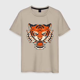 Мужская футболка хлопок с принтом Super Tiger в Новосибирске, 100% хлопок | прямой крой, круглый вырез горловины, длина до линии бедер, слегка спущенное плечо. | 2022 | animal | cat | lion | tiger | год тигра | животные | зверь | зубы | кот | кошка | лев | охотник | полосатый | природа | тигр | тигренок | тигрица | хищник