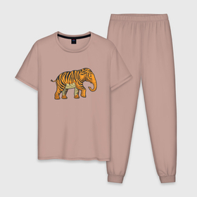 Мужская пижама хлопок с принтом Тигровый слон в Курске, 100% хлопок | брюки и футболка прямого кроя, без карманов, на брюках мягкая резинка на поясе и по низу штанин
 | Тематика изображения на принте: 2022 | animal | cat | elephant | lion | tiger | африка | год тигра | животные | зверь | зубы | кот | кошка | лев | охотник | полосатый | природа | слон | слоненок | тигр | тигренок | тигрица | хищник