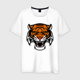 Мужская футболка хлопок с принтом Оскал в Белгороде, 100% хлопок | прямой крой, круглый вырез горловины, длина до линии бедер, слегка спущенное плечо. | 2022 | animal | cat | lion | tiger | год тигра | животные | зверь | зубы | кот | кошка | лев | охотник | полосатый | природа | тигр | тигренок | тигрица | хищник