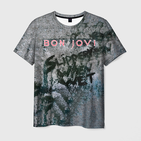 Мужская футболка 3D с принтом Slippery When Wet - Bon Jovi в Новосибирске, 100% полиэфир | прямой крой, круглый вырез горловины, длина до линии бедер | Тематика изображения на принте: bon jovi | john | альбом | арена | бон | бон джови | глэм | группа | джови | джон | метал | музыка | надпись | песни | поп | попрок | рок | рокер | смайл | солист | софт | стена | хард | хеви | хевиметал