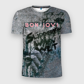 Мужская футболка 3D спортивная с принтом Slippery When Wet - Bon Jovi в Кировске, 100% полиэстер с улучшенными характеристиками | приталенный силуэт, круглая горловина, широкие плечи, сужается к линии бедра | bon jovi | john | альбом | арена | бон | бон джови | глэм | группа | джови | джон | метал | музыка | надпись | песни | поп | попрок | рок | рокер | смайл | солист | софт | стена | хард | хеви | хевиметал