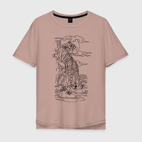 Мужская футболка хлопок Oversize с принтом Тигр на фоне солнца в Тюмени, 100% хлопок | свободный крой, круглый ворот, “спинка” длиннее передней части | clouds | jungle | lake | stone | sun | tattoo | tiger | джунгли | камень | облака | озеро | солнце | татуировка | тигр