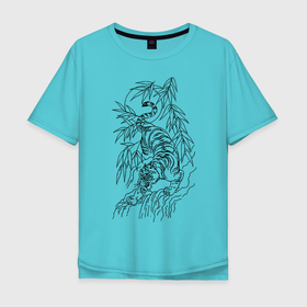 Мужская футболка хлопок Oversize с принтом Тигр в джунглях татуировка в Тюмени, 100% хлопок | свободный крой, круглый ворот, “спинка” длиннее передней части | clouds | jungle | sun | tattoo | tiger | джунгли | камень | облака | озеро | солнце | татуировка | тигр