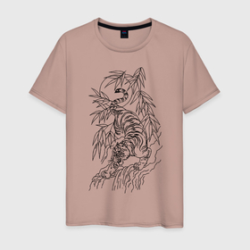 Мужская футболка хлопок с принтом Тигр в джунглях татуировка в Курске, 100% хлопок | прямой крой, круглый вырез горловины, длина до линии бедер, слегка спущенное плечо. | clouds | jungle | sun | tattoo | tiger | джунгли | камень | облака | озеро | солнце | татуировка | тигр